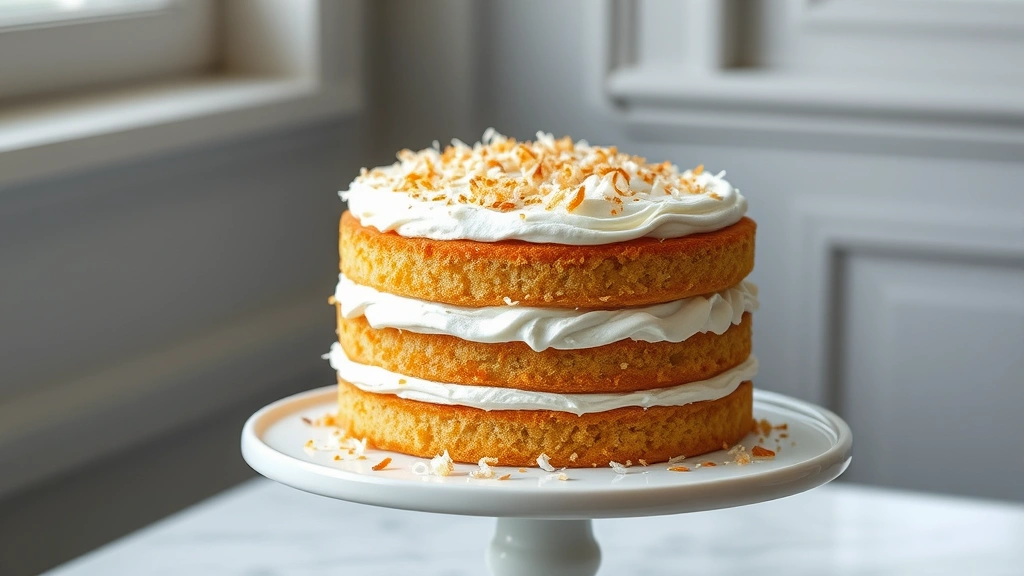 hero: three-layer coconut cake with fluffy white frosting and toasted coconut garnish, on a white cake stand, photorealistic, natural window light, no text, elegant presentation