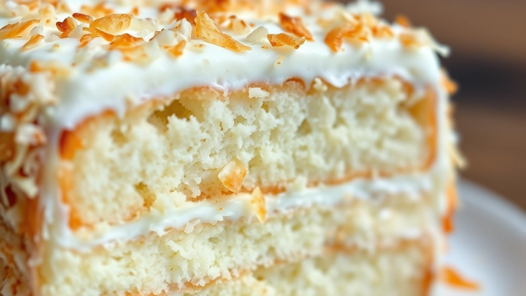 detail: close-up cross-section of coconut cake showing moist crumb and frosting layers with toasted coconut visible, photorealistic, natural light, no text