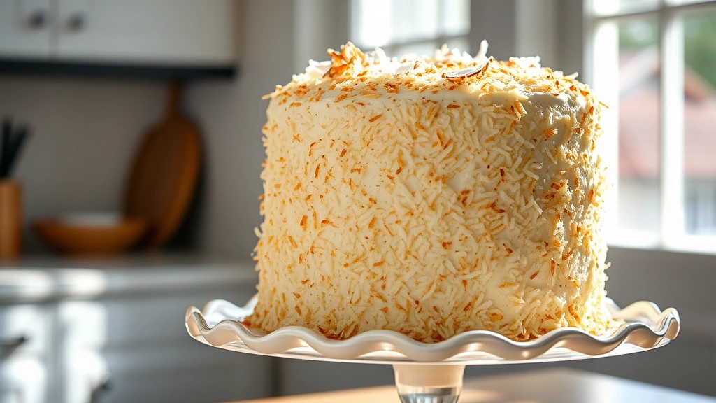 hero: three-layer coconut cake with white frosting and toasted coconut coating on decorative cake stand, natural sunlight streaming through kitchen window, shallow depth of field, garnished with fresh coconut flakes, photorealistic, no text