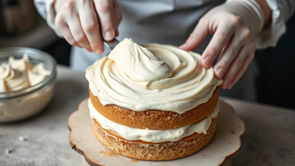 process: baker's hands spreading creamy frosting between cake layers with offset spatula, golden cake visible, frosting-covered spatula, kitchen counter setting, natural daylight, photorealistic, no text