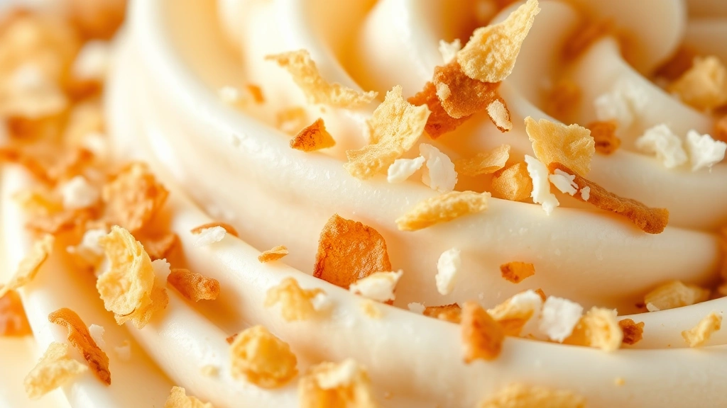 detail: close-up macro shot of frosting texture with toasted coconut pieces embedded throughout, rich white frosting visible, golden toasted coconut flakes in sharp focus, creamy smooth texture, natural lighting, photorealistic, no text