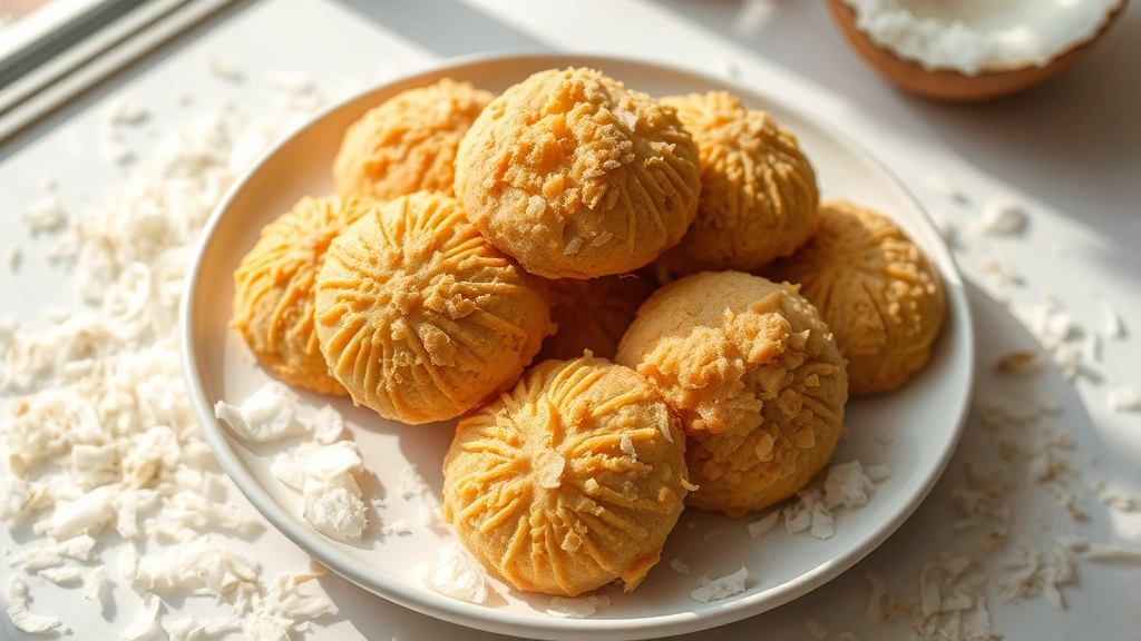 hero: golden coconut cookies arranged on a white plate with fresh coconut shreds scattered around, warm natural window light, close-up overhead shot