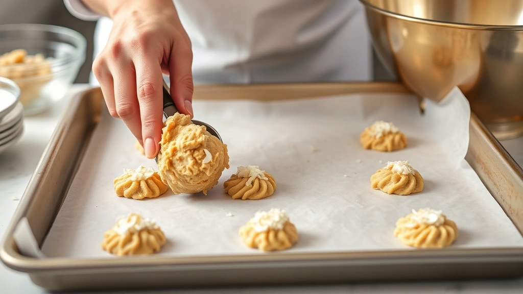 process: baker's hands scooping coconut cookie dough onto parchment-lined baking sheet, golden mixing bowl visible, natural kitchen light