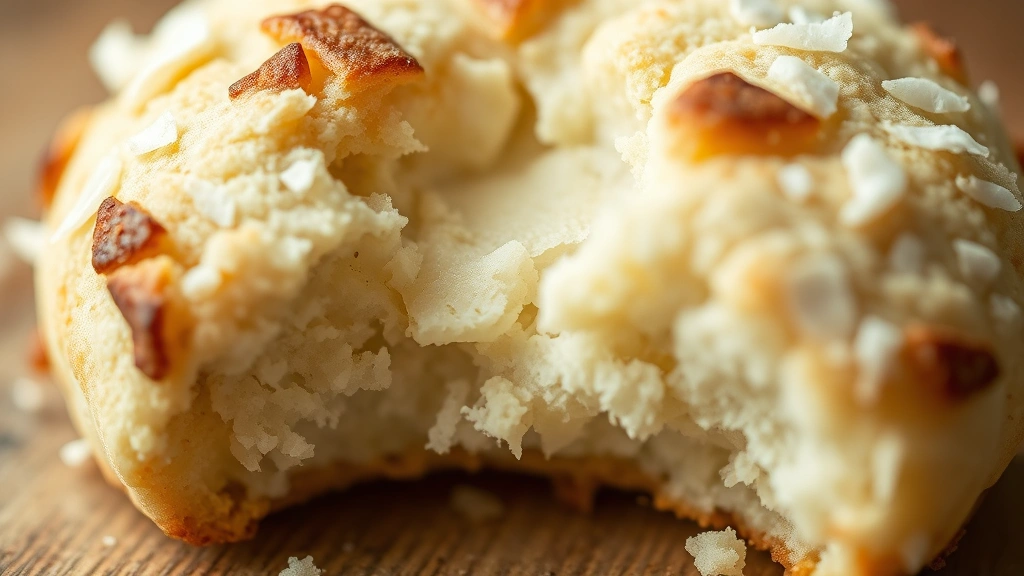 detail: single coconut cookie broken in half showing chewy center and crispy edges, macro photography, shallow depth of field, natural lighting