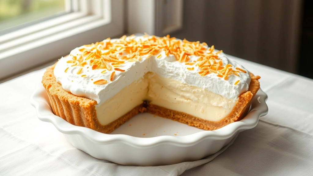 hero: whole coconut cream pie with golden crust, thick layer of whipped cream topped with toasted golden coconut flakes, slice removed showing layers of custard filling, on white ceramic pie plate, natural window light, no text, styled on white linen tablecloth