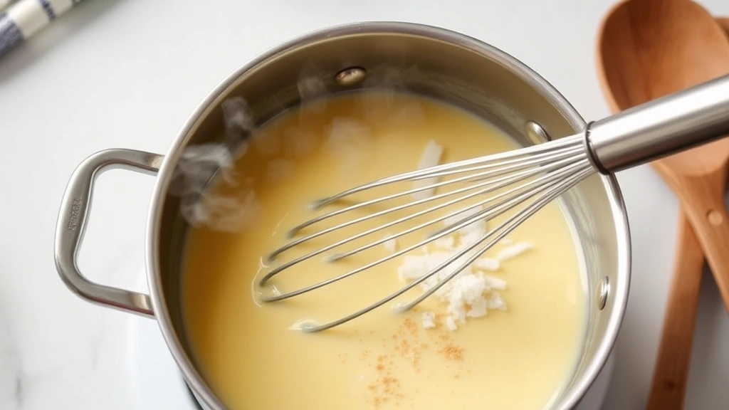 process: saucepan with thick custard being stirred with whisk, steam rising, coconut visible in mixture, wooden spoon nearby, natural kitchen light, close-up shot, no text