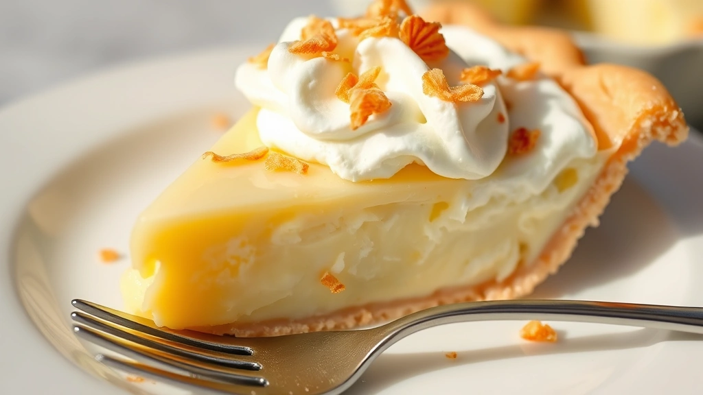 detail: close-up of pie slice showing flaky pie crust, creamy coconut custard filling, and whipped cream topping with toasted coconut garnish, fork on plate, natural daylight, no text