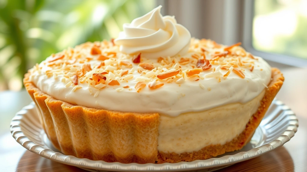 hero: whole creamy coconut pie with golden crust and toasted coconut flakes on top, fresh whipped cream dollop, tropical setting, photorealistic, natural window light, no text