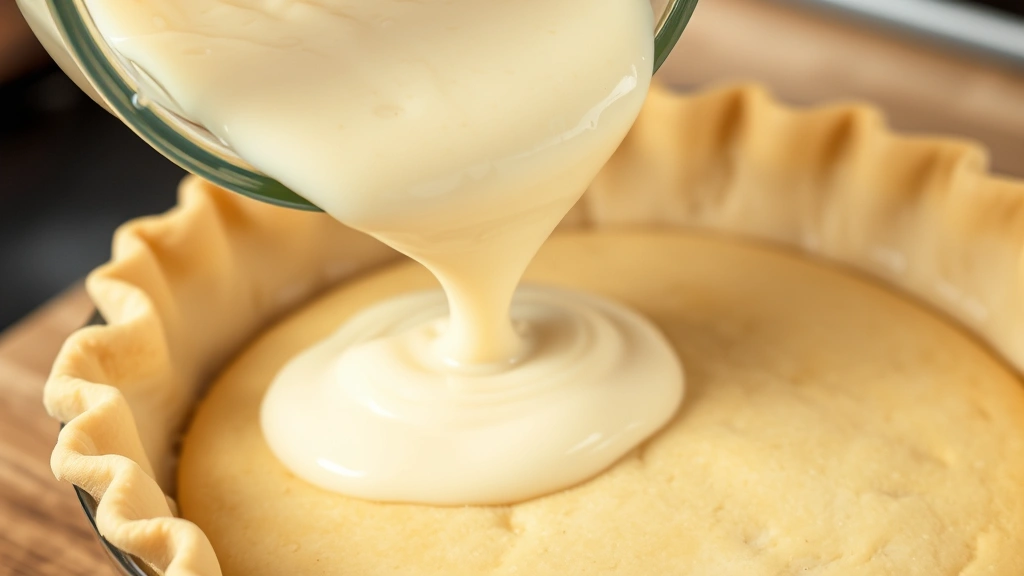 process: pouring smooth creamy coconut filling into partially baked pie crust, close focus on golden crust, photorealistic, natural kitchen light, no text