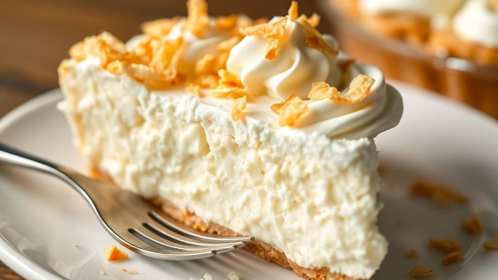 detail: close-up of creamy coconut pie slice with whipped cream and toasted coconut flakes garnish, fork beside plate, photorealistic, natural light, no text