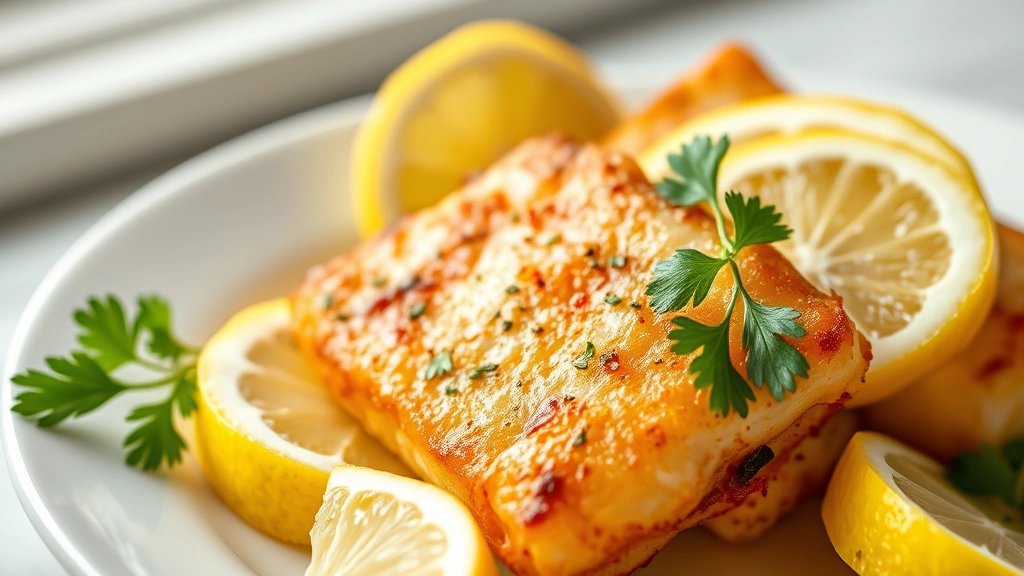 hero: golden-brown air fryer cod fillets with fresh lemon wedges and parsley garnish on a white plate, photorealistic, natural daylight from the left, shallow depth of field, no text