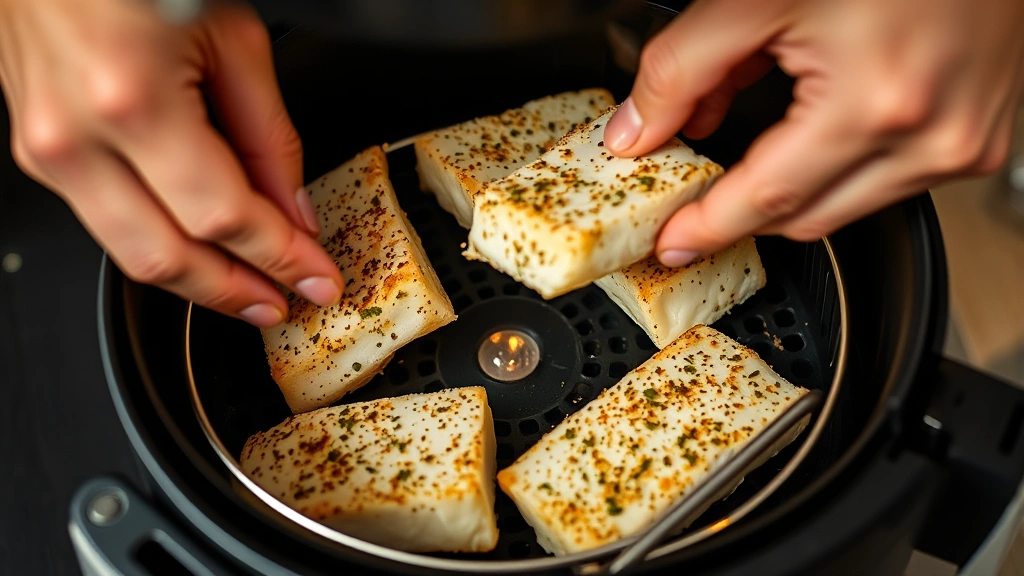process: hands placing seasoned cod fillets into an air fryer basket, golden interior light visible, photorealistic, natural kitchen lighting, no text