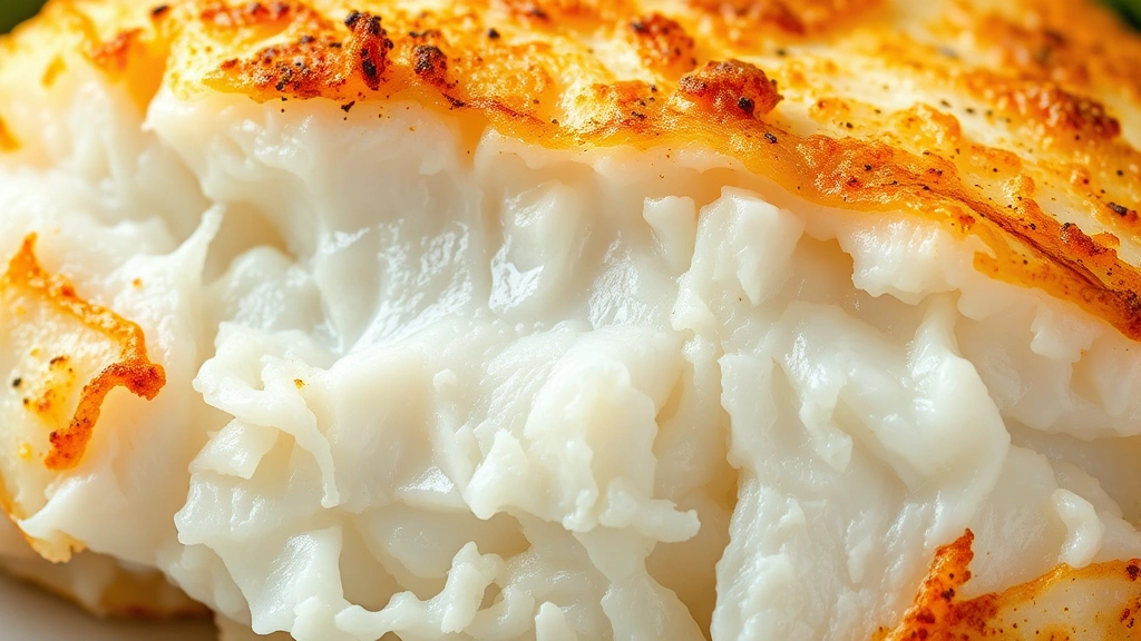 detail: close-up of flaky cooked cod fillet showing the tender white flesh inside and crispy golden exterior, photorealistic, macro photography with natural light, no text