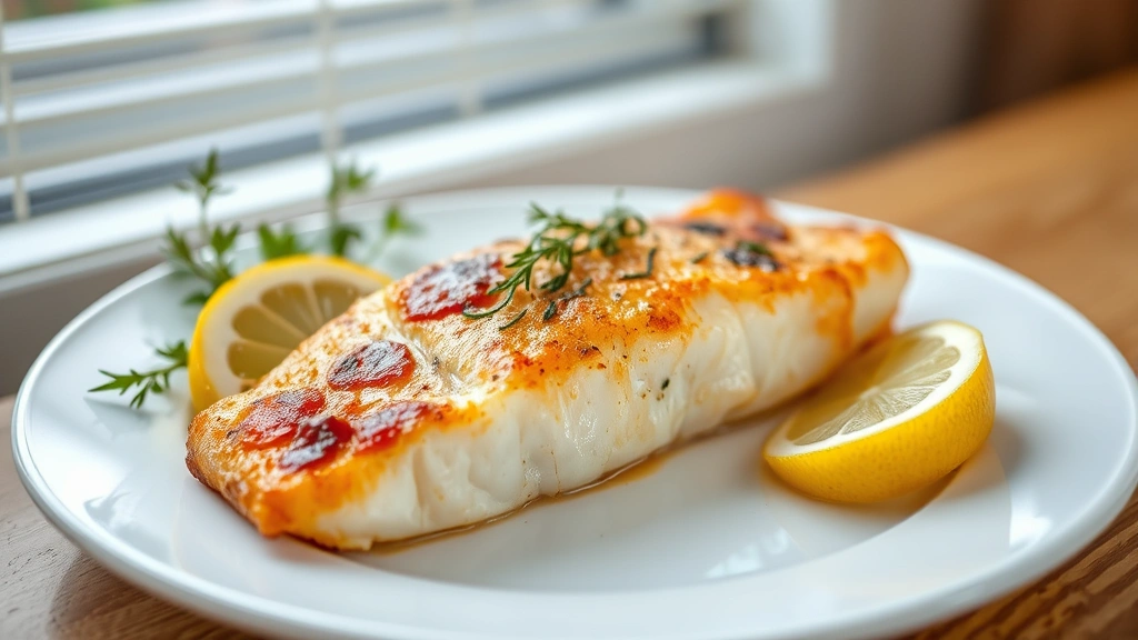 hero: golden-brown oven-baked cod fillet on white plate with lemon wedges and fresh herbs, natural window light, shallow depth of field, elegant plating, no text