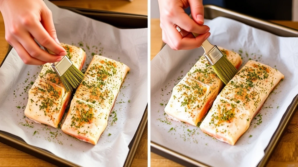 process: placing seasoned raw cod fillets on parchment paper baking sheet, hands visible with brush applying herb mixture, warm kitchen lighting, no text