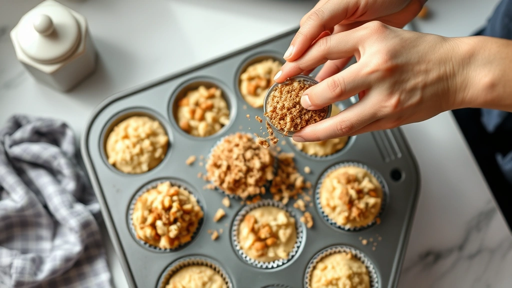 process: hands sprinkling cinnamon streusel topping onto muffin batter in muffin tin, morning kitchen setting, photorealistic, natural light, no text, overhead angle