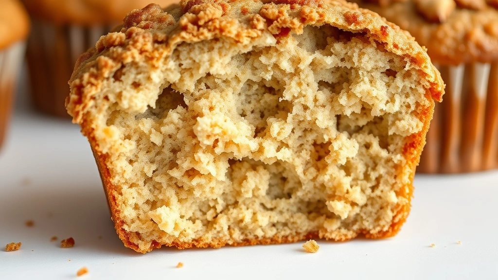 detail: cross-section of coffee cake muffin showing fluffy interior crumb and cinnamon streusel top, on white surface, photorealistic, natural light, macro photography, no text