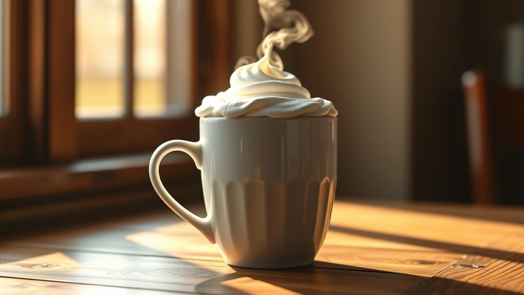 hero: finished coffee loophole drink in white ceramic mug with fluffy cream top, steam rising, wooden table, morning sunlight streaming through window, photorealistic, natural light, no text