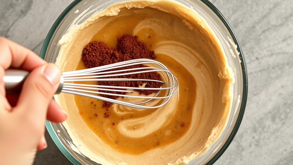 process: hand whisking fluffy coffee mixture in bowl with whisk, instant coffee and condensed milk ingredients visible, action shot mid-whisk, photorealistic, natural light, no text