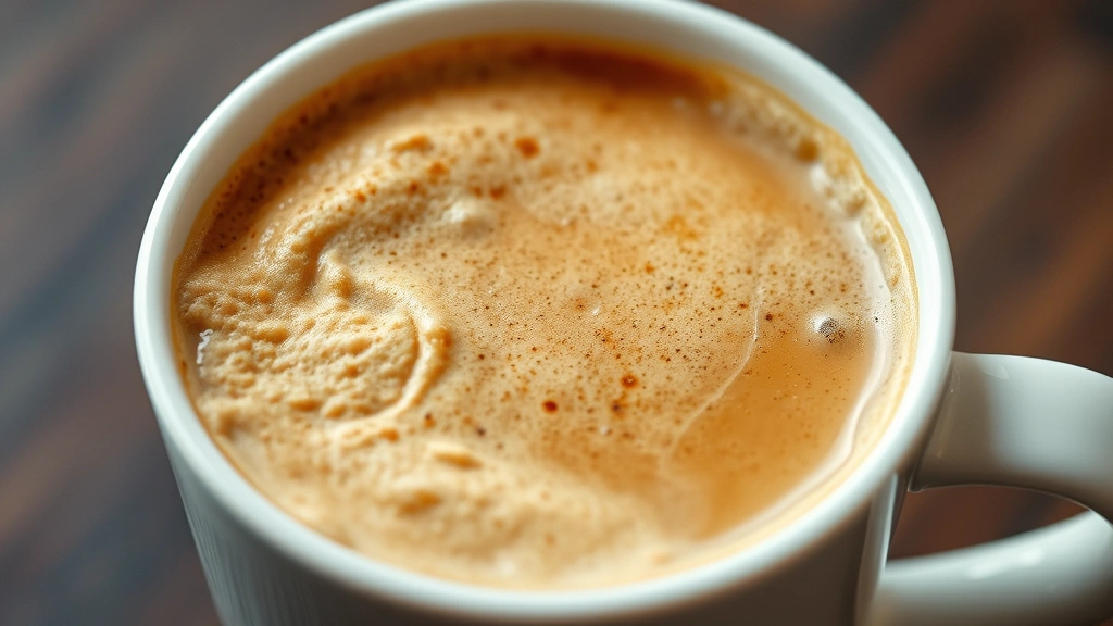 detail: close-up of emulsified fluffy coffee texture in mug, creamy foam topping, rich brown coffee color, photorealistic, natural light, no text