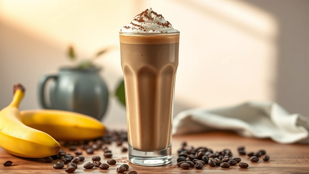 hero: tall glass filled with creamy coffee smoothie, topped with whipped cream and cocoa powder dusting, frozen banana and coffee beans scattered nearby, morning sunlight streaming through, wooden table background, photorealistic, natural light, no text