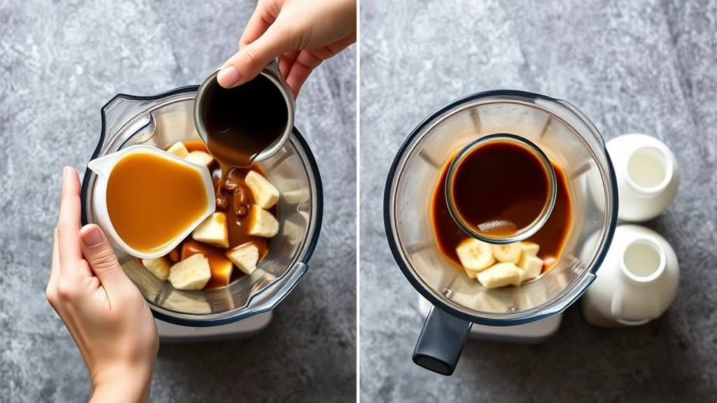 process: hands pouring cooled coffee into blender with banana chunks, Greek yogurt container and milk bottle visible, overhead angle, photorealistic, natural light, no text
