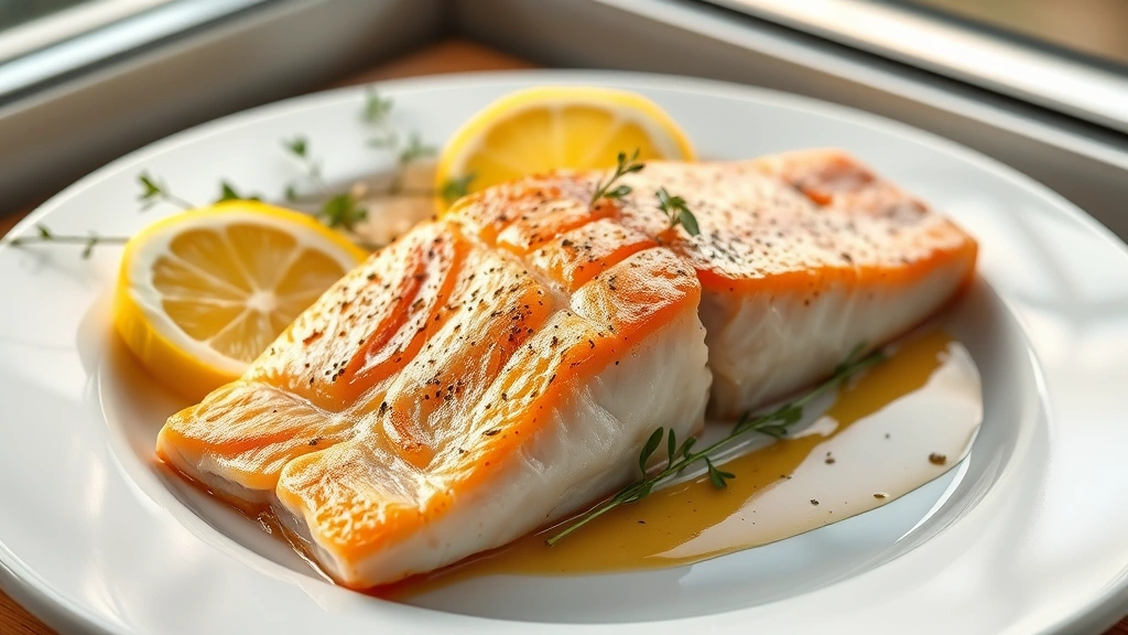 hero: coho salmon fillet plated with crispy golden skin, fresh lemon slices, and herbs, photorealistic, warm natural light from window, elegant plating on white ceramic plate, no text