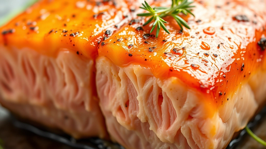 detail: close-up of perfectly cooked coho salmon cross-section showing moist pink flesh and crispy golden skin with herb garnish, photorealistic, bright natural light, macro photography style, no text