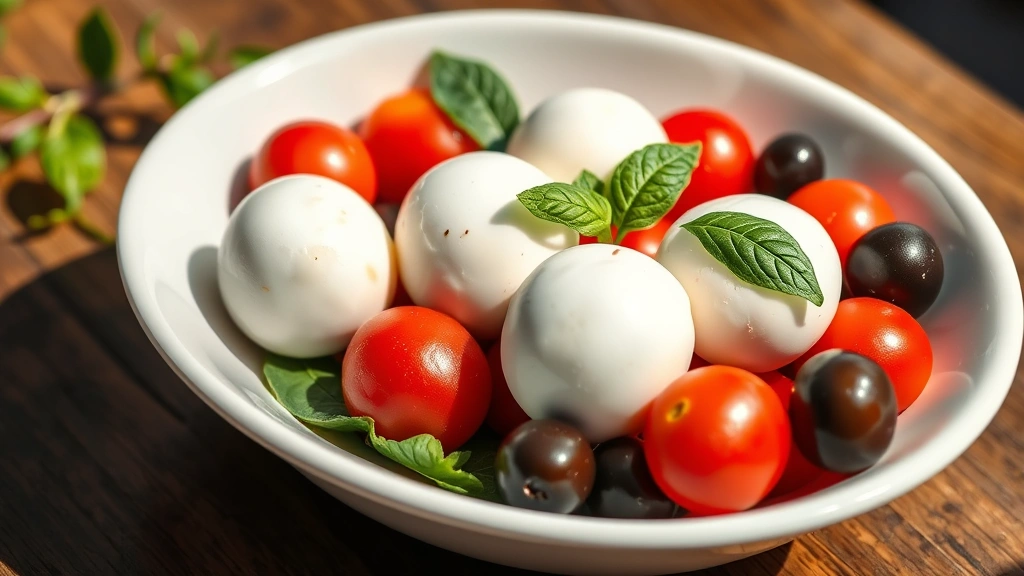 hero: elegant cold appetizer with fresh mozzarella balls, cherry tomatoes, basil, and kalamata olives in a white serving bowl, Mediterranean style, photorealistic, natural sunlight streaming across, no text