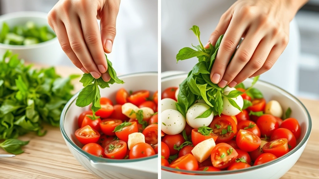 process: hands gently folding fresh basil into tomato and mozzarella mixture, action shot, photorealistic, bright natural kitchen light, no text