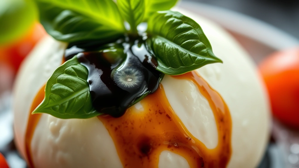 detail: close-up of mozzarella ball topped with fresh basil leaf and balsamic glaze, shallow depth of field, photorealistic, natural light highlighting texture, no text