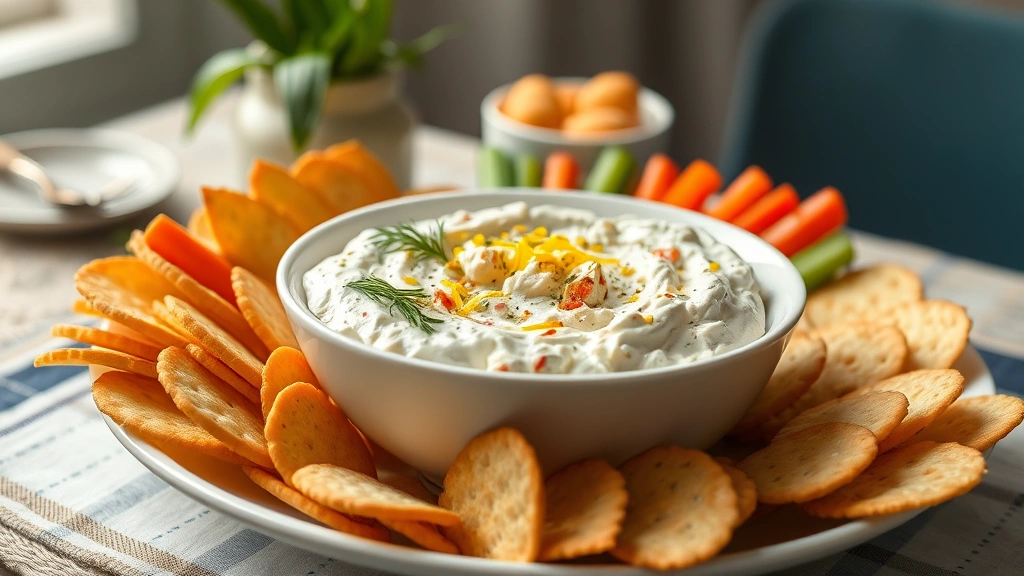 hero: creamy cold crab dip in elegant white bowl, garnished with fresh dill and lemon zest, surrounded by golden crackers and fresh vegetables, sitting on coastal-themed table setting, photorealistic, natural window light, no text