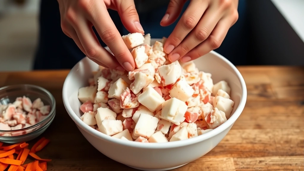 process: hands carefully picking through fresh lump crab meat over white bowl, showing quality ingredient selection, photorealistic, bright natural light, no text