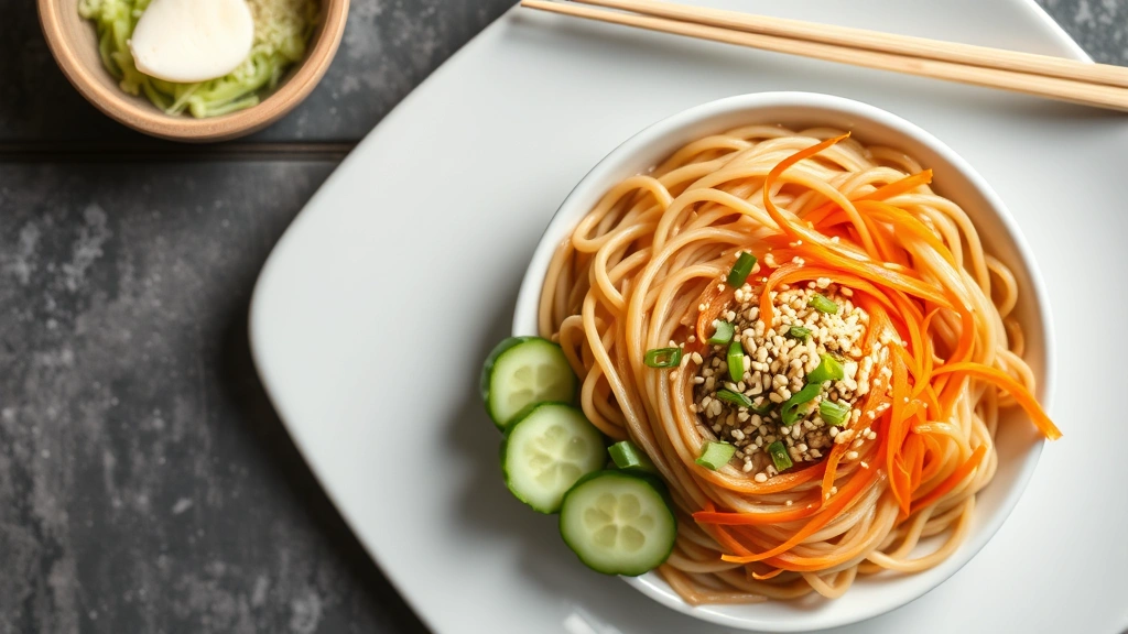 hero: overhead view of a beautiful bowl of cold sesame noodles garnished with sesame seeds, green onions, shredded carrots and cucumber, photorealistic, natural daylight, no text, restaurant quality plating