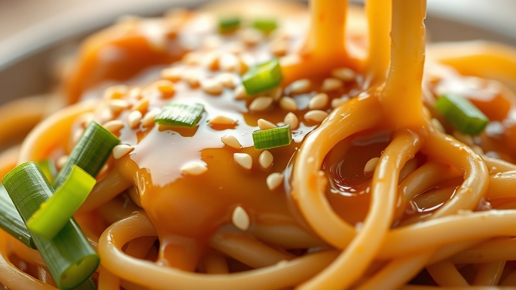detail: close-up macro shot of creamy sesame sauce coating individual noodles with sesame seeds and green onion garnish, photorealistic, bright natural light, no text, shallow depth of field