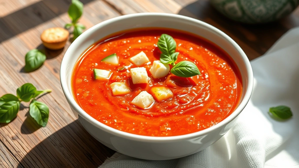 hero: vibrant red gazpacho soup in a white bowl, garnished with diced cucumbers, croutons, and fresh basil, drizzled with olive oil, natural sunlight streaming through, rustic wooden table background, photorealistic, no text
