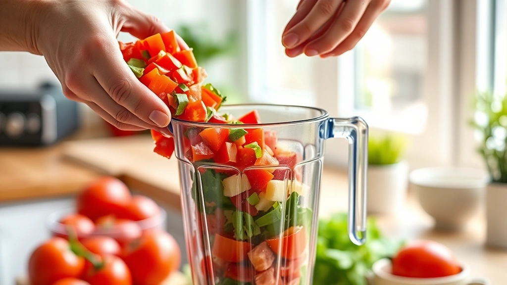 process: hands pouring chopped fresh tomatoes and vegetables into a stainless steel blender, bright kitchen setting, natural window light, photorealistic, no text
