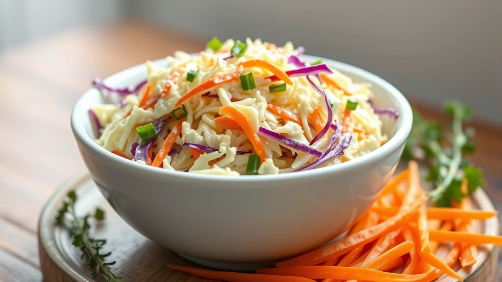 hero: beautiful creamy coleslaw in a white ceramic bowl with shredded green and purple cabbage and orange carrots, photorealistic, natural window light, professional food photography, no text
