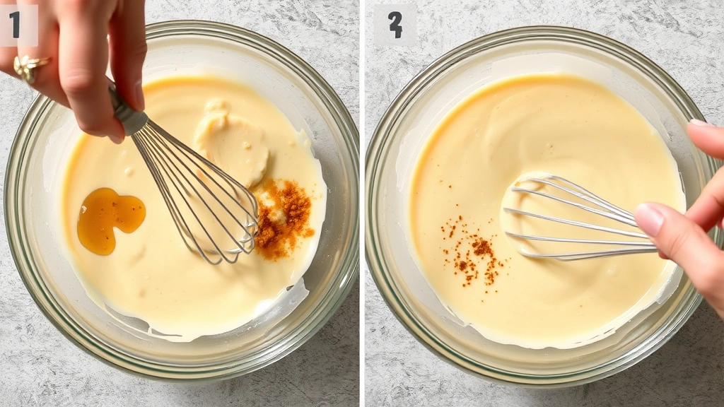 process: hands whisking creamy mayo dressing in a glass bowl with vinegar and spices, photorealistic, bright natural light, top-down angle, no text