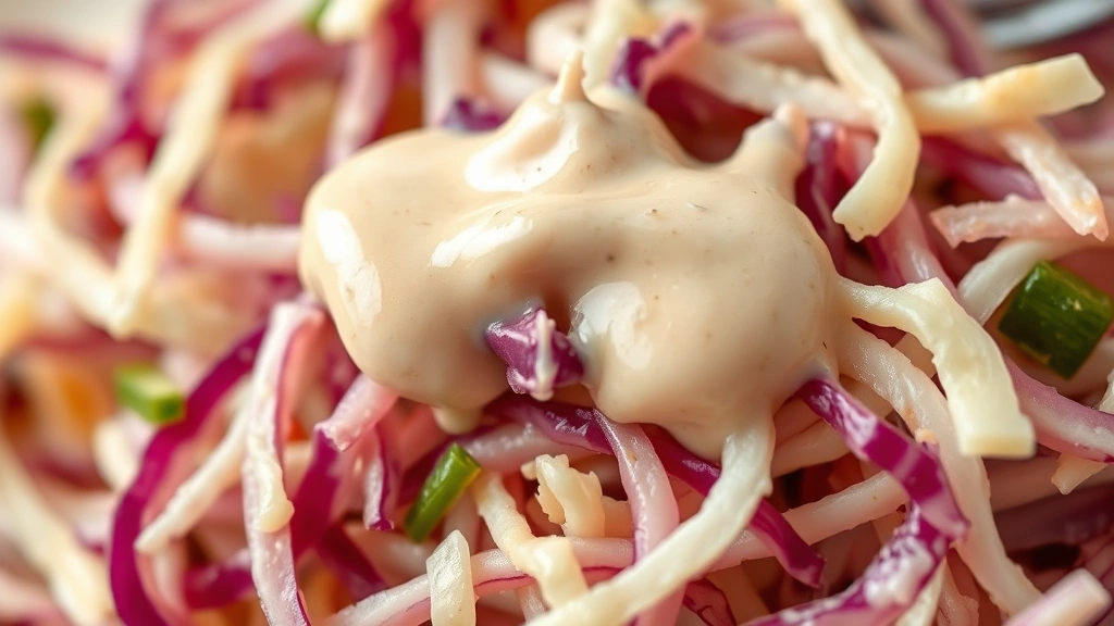 detail: close-up macro of creamy mayo-based dressing coating fresh shredded cabbage, photorealistic, natural diffused light, shallow depth of field, no text