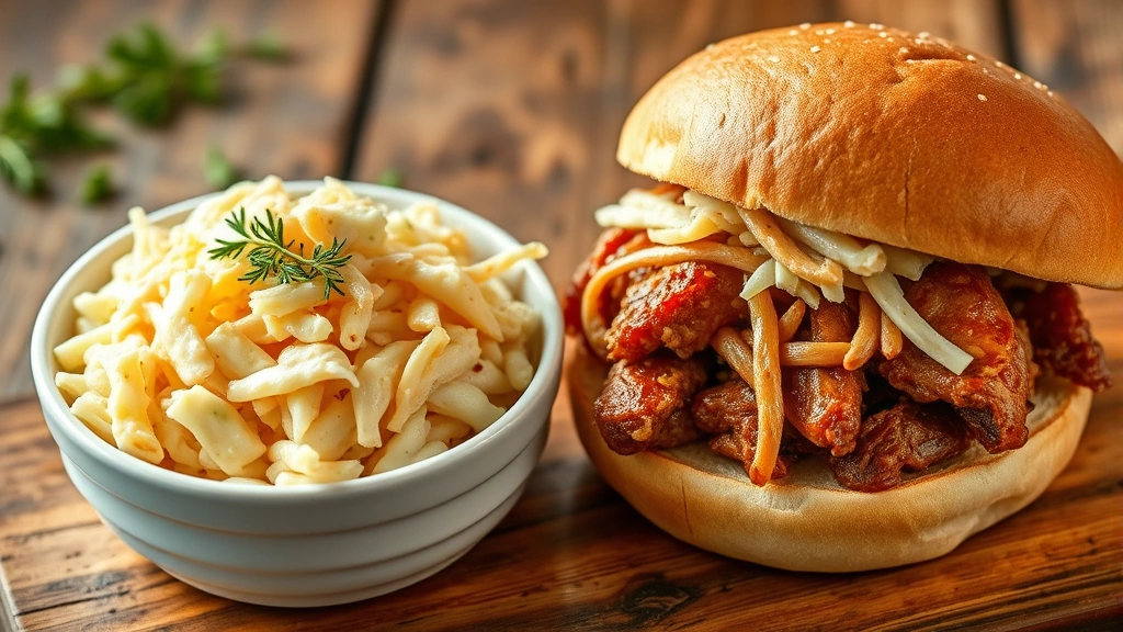 hero: creamy coleslaw in white ceramic bowl alongside pulled pork sandwich, warm golden lighting, rustic wooden table background, fresh herbs garnish, photorealistic, natural daylight, no text