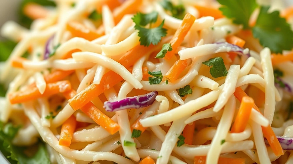 detail: close-up of creamy coleslaw showing shredded cabbage, carrots, and fresh herb garnish, shallow depth of field, natural soft lighting, photorealistic, no text