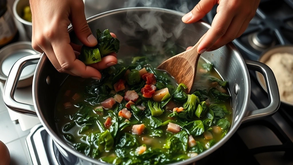 process: hands stirring chopped collard greens into a large pot with simmering bacon and broth, steam rising from the pot, ingredients visible around the stovetop, natural kitchen lighting, documentary-style cooking photography