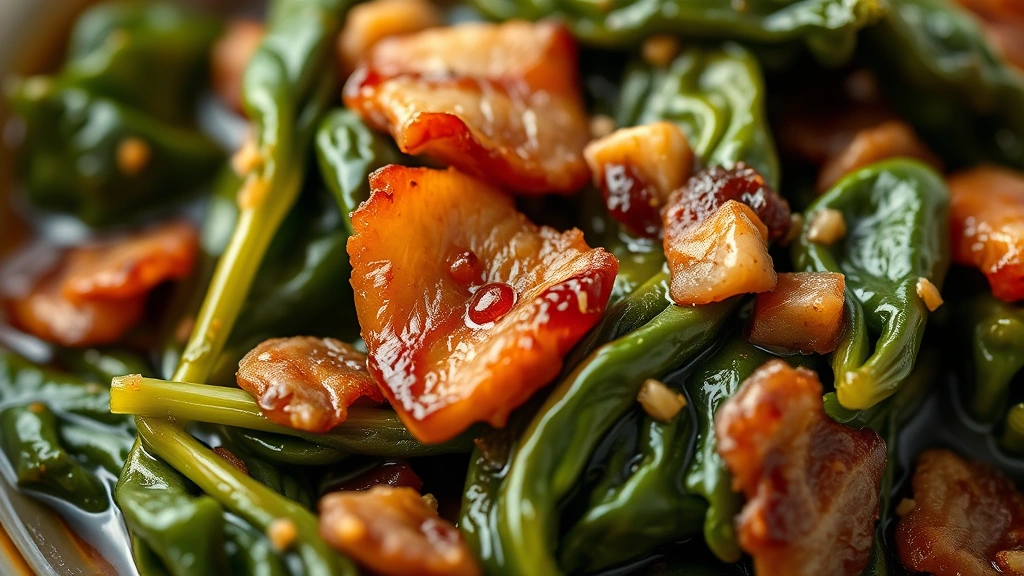detail: close-up macro shot of cooked collard green leaves with crispy bacon pieces and broth, showing the tender texture and glossy appearance, shallow depth of field, warm natural light highlighting the deep green color and rich sauce