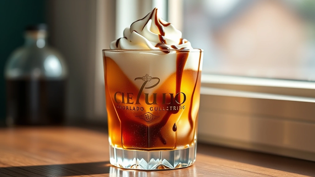 hero: Colorado Bulldog cocktail in a rocks glass with whipped cream topping and chocolate drizzle, golden-brown cola visible, photorealistic, natural window light, no text, shallow depth of field