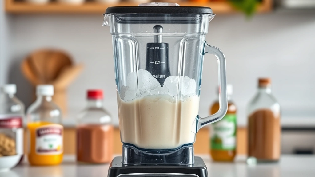 process: blender filled with ice and cream-colored mixture mid-blend, ingredients bottles nearby, photorealistic, bright kitchen lighting, no text