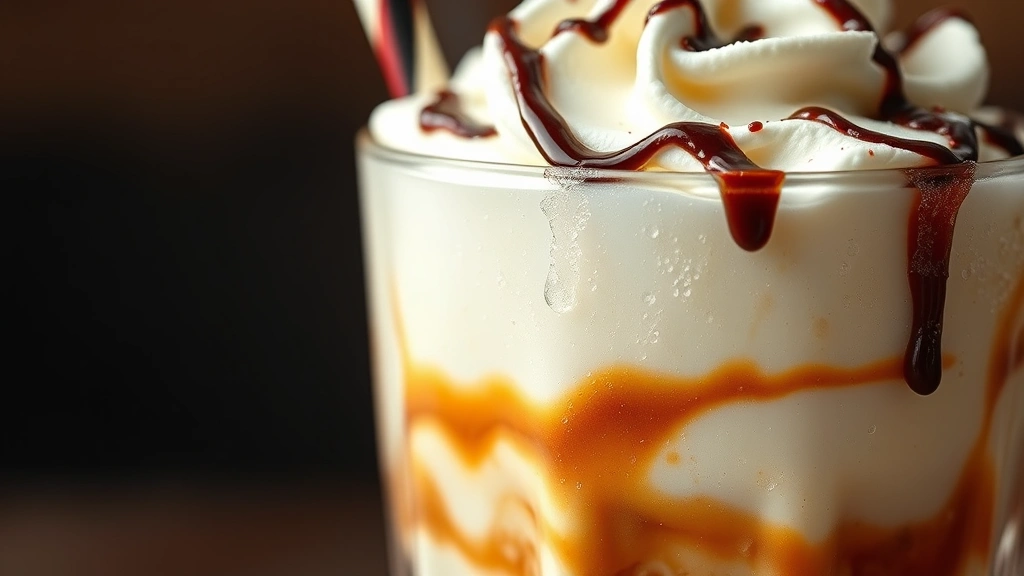 detail: close-up of finished Colorado Bulldog showing layered drinks with whipped cream and chocolate garnish, condensation on glass, photorealistic, natural light, no text