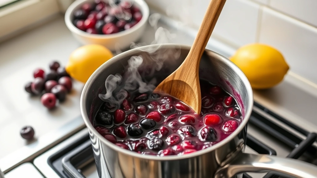process: close-up of berries simmering in a stainless steel saucepan on a stovetop, steam rising, wooden spoon stirring, natural daylight from window, raw berries and lemon visible nearby, professional food photography style, no text