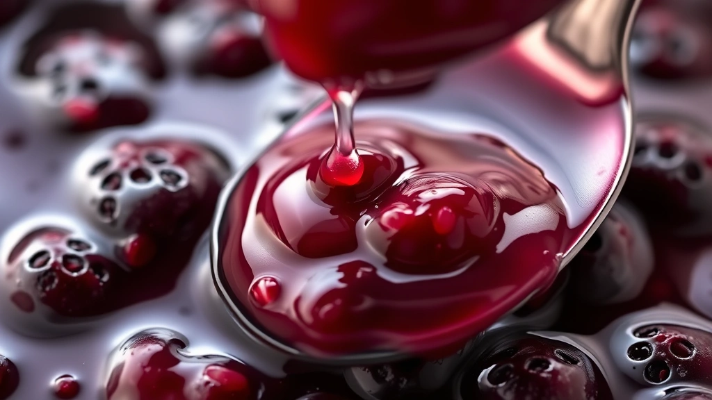 detail: extreme close-up of glossy jewel-toned berry compote with visible berry pieces and seeds, dripping from spoon, shallow depth of field, morning light, no text or watermarks
