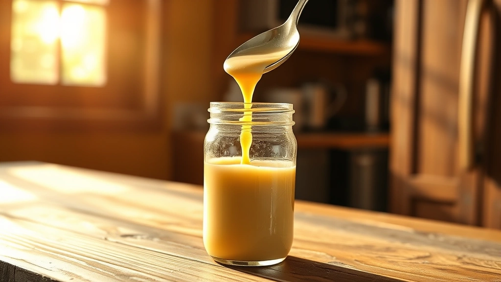 hero: thick golden condensed milk being poured from a spoon into a glass jar, photorealistic, warm natural sunlight streaming through kitchen window, glossy texture visible, rustic wooden table background, no text